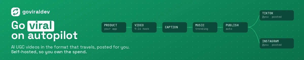 goviral.dev: generate AI UGC videos for your product and auto-post them to TikTok and Instagram.